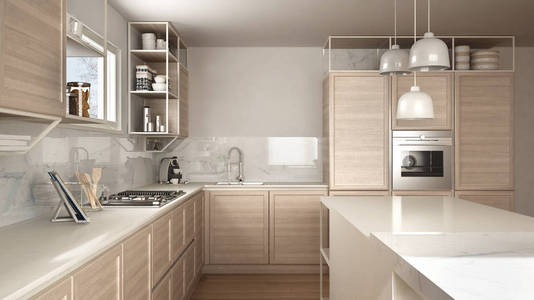 现代白色厨房，木制细节和镶木地板，现代吊灯，简约的室内设计理念，带凳子和配件的岛屿