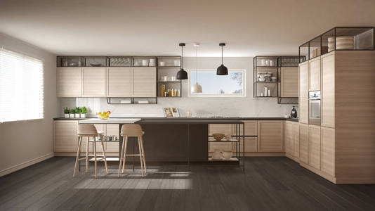 现代白色和灰色厨房，木质细节和镶木地板，现代吊灯，极简室内设计理念，带凳子和配件的岛