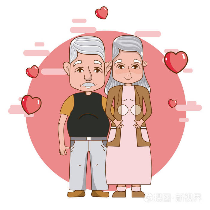 可爱的祖父母浪漫夫妇卡通插图平面设计