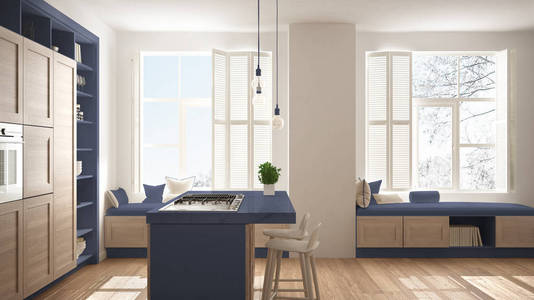 现代蓝色厨房与木制细节，当代豪华公寓与镶木地板，复古室内设计，建筑，开放空间，客厅，概念理念。