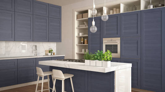 现代白色厨房与蓝色木制细节，当代豪华公寓与镶木地板，复古复古室内设计，建筑，开放客厅，概念理念。