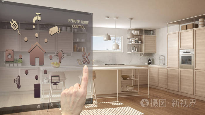 模糊背景显示现代白色木制现代厨房建筑室内设计