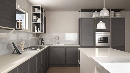 现代白色和灰色厨房，木制细节和镶木地板，现代吊灯，极简的室内设计理念，岛与凳子和配件。