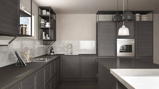 现代深灰色厨房，木制细节和镶木地板，现代吊灯，极简的室内设计理念，岛与凳子和配件。