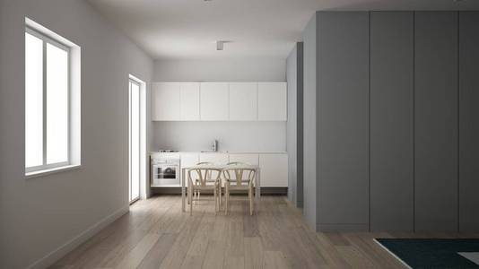 简约小厨房，一居室公寓，餐桌，木椅，地板，白色室内设计，干净的建筑理念