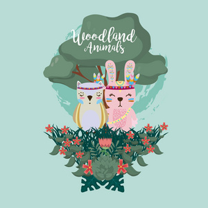 兔子和猫头鹰林地动物可爱的卡通蓝色背景矢量插图图形设计