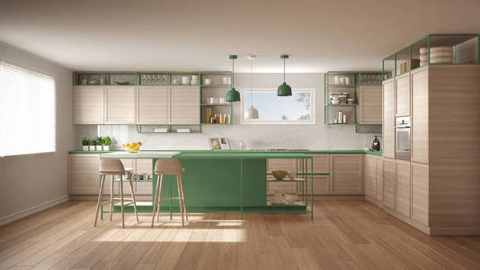 现代白色和绿色厨房，木制细节和镶木地板，现代吊灯，极简的室内设计理念，岛与凳子和配件。