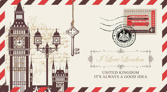 矢量明信片或信封与大本在伦敦灯柱和铭文，我爱伦敦。 带有邮戳的复古明信片，以皇家外套的形式，以及带有双层巴士的邮票