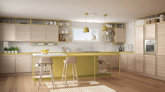 现代白色和黄色厨房，木制细节和镶木地板，现代吊灯，极简的室内设计理念，岛与凳子和配件。