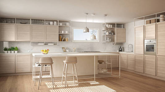 现代白色厨房，木制细节和镶木地板，现代吊灯，极简的室内设计理念，岛与凳子和配件。