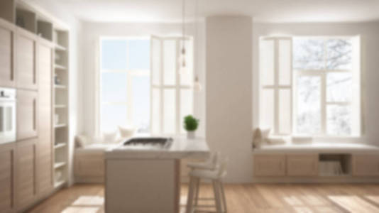 模糊背景室内设计厨房与木制细节的当代公寓与镶木地板，复古建筑，开放的客厅概念理念