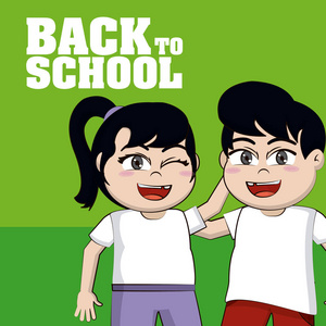 可爱快乐的孩子学生卡通回到学校矢量插图平面设计