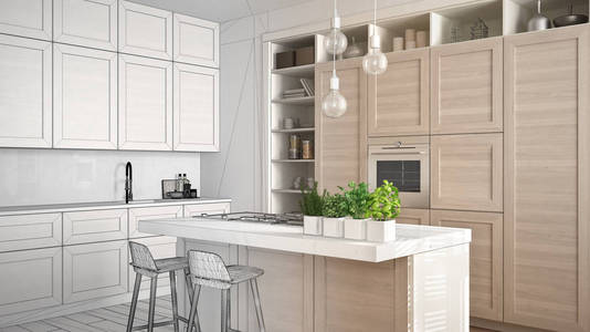建筑师室内设计师的概念未完成的项目，成为真正的厨房与木制细节在当代公寓与镶木地板极简的设计理念