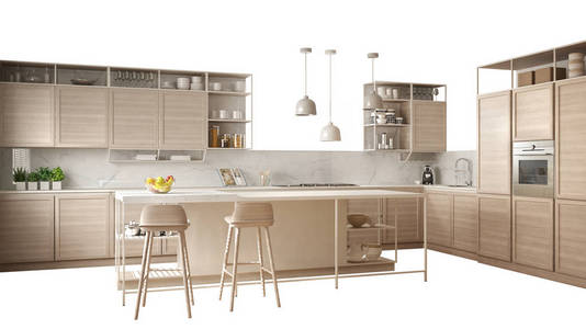 现代白色厨房与木制细节岛与凳子内部设计理念隔离白色背景与复制空间极简家具