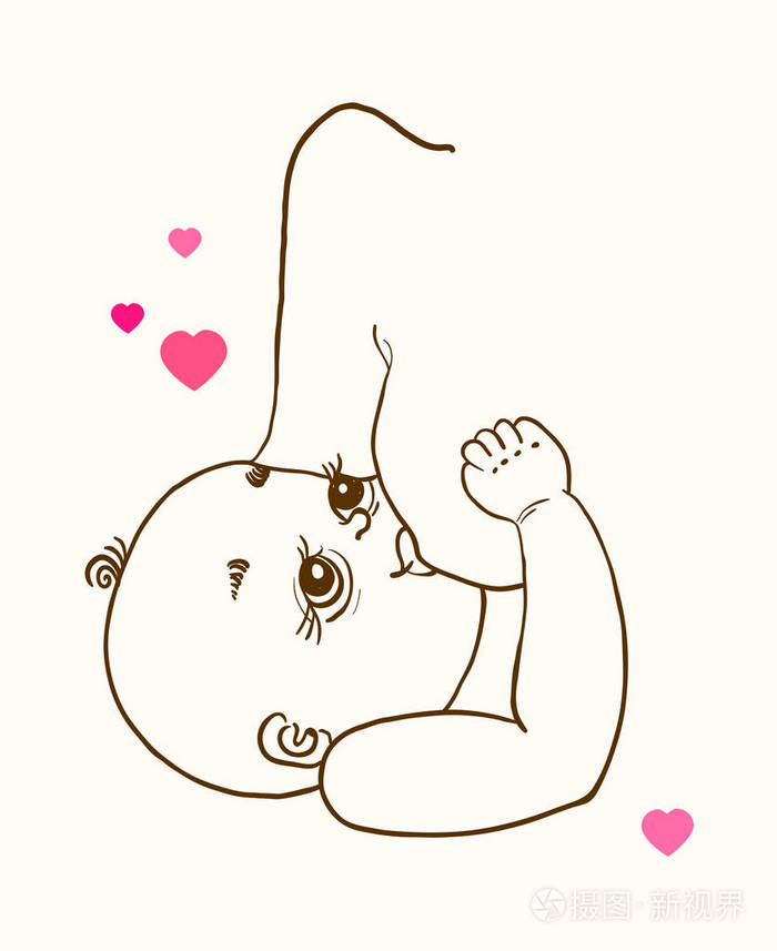 母亲母乳喂养和可爱的婴儿线性插图