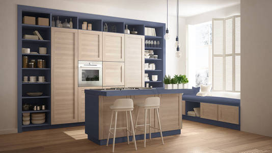 现代蓝色厨房与木制细节，当代豪华公寓与镶木地板，复古室内设计，建筑，开放空间，客厅，概念理念。