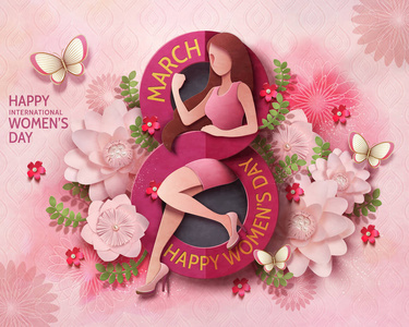 s day card design with sexy strong woman and pink flowers in pap