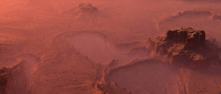 雾中的岩石火星地形