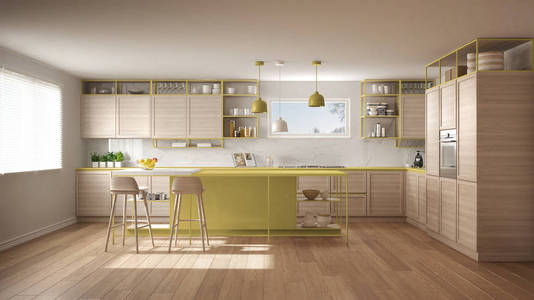 现代白色和黄色厨房，木制细节和镶木地板，现代吊灯，简约的室内设计理念，岛与凳子和配件