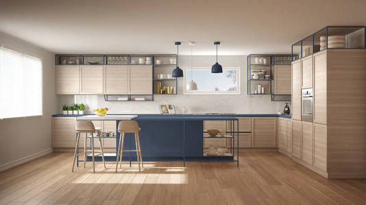 现代白色和蓝色厨房，木制细节和镶木地板，现代吊灯，简约的室内设计理念，岛与凳子和配件