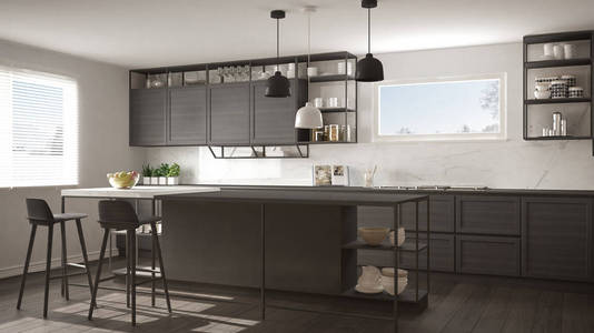 现代深灰色厨房，木制细节和镶木地板，现代吊灯，简约的室内设计理念，带凳子和配件的岛屿