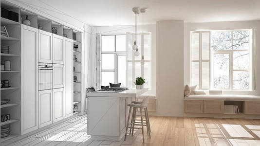 建筑师室内设计师的概念未完成的项目，成为真正的厨房与木制细节在当代公寓与镶木地板极简的设计理念