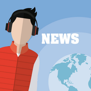 世界各地带着耳机的男新闻记者矢量插图平面设计
