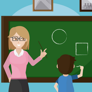 老师给学校女生上课卡通矢量图平面设计小学生在上课时坐在一张课桌