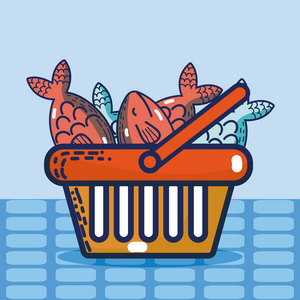 海鲜超级市场产品篮子矢量插图图片