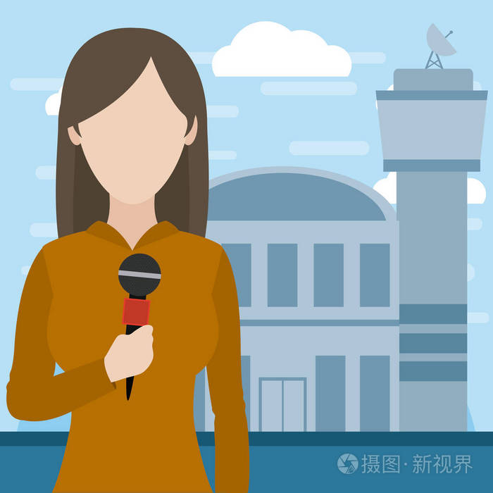 女记者,麦克风记者,卡通矢量插图,平面设计