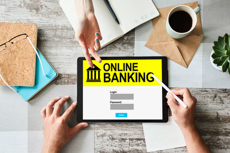 网上银行在移动设备屏幕上的应用。金融和互联网技术概念