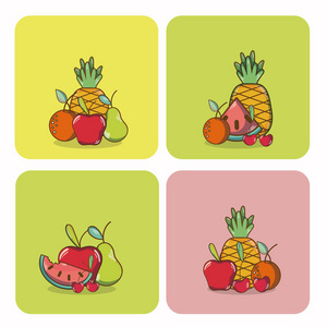 一套水果漫画的方形图标矢量插图平面设计