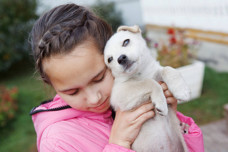 穿着粉色夹克扎着辫子的女孩拥抱着白色小狗