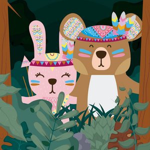 兔子和熊在森林中可爱的卡通矢量插图平面设计