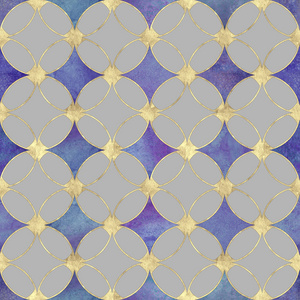 无缝水彩五颜六色的金色闪光抽象纹理。 水彩手绘紫色背景与重叠的网格圆圈和金色轮廓图案。 用于纺织壁纸包装的打印。