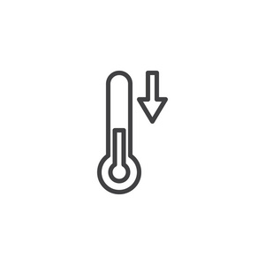 温度下降箭头轮廓图标。 移动概念和网页设计的线性风格标志。 温度计简单的线矢量图标。 符号标志插图。 像素完美矢量图形