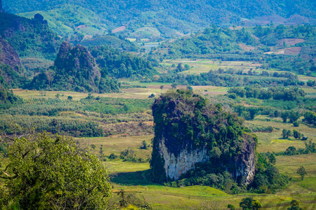 美丽的景观长焦拍摄在迷你山上的地面上，周围有田野和森林。 泰国法尧省冬季。