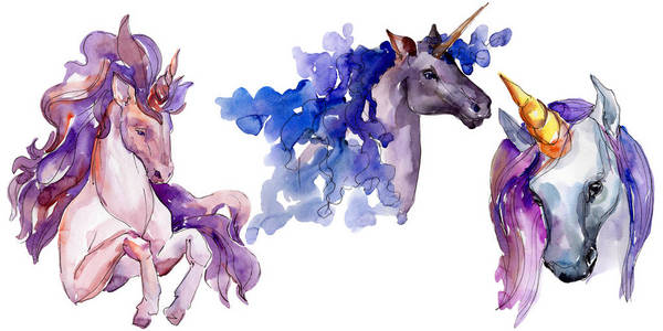 可爱的独角兽马童话般的孩子甜蜜的梦想。水彩背景设置。被隔绝的独角兽例证元素插画