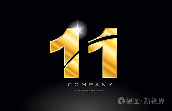数字11黄金金色标志图标设计与金属外观黑色背景适合公司或企业