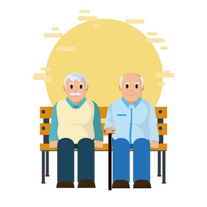可爱的祖父母坐在木椅矢量插图平面设计