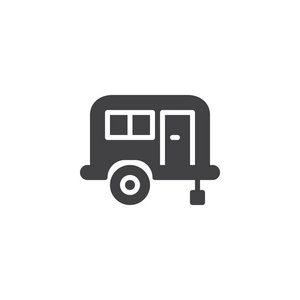 露营拖车图标矢量，填充平标志，固体象形孤立在白色上。移动家庭拖车标志，标志插图