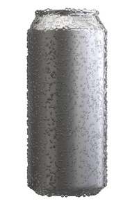 铝制啤酒或苏打水模拟。现实的空白金属罐头由在白色背景查出的水滴盖。3d 插图
