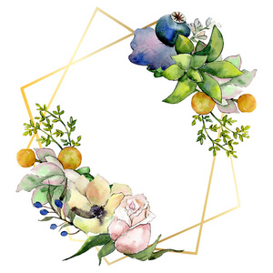 有多汁植物花的花束。水彩背景插图集。框架边框水晶装饰广场
