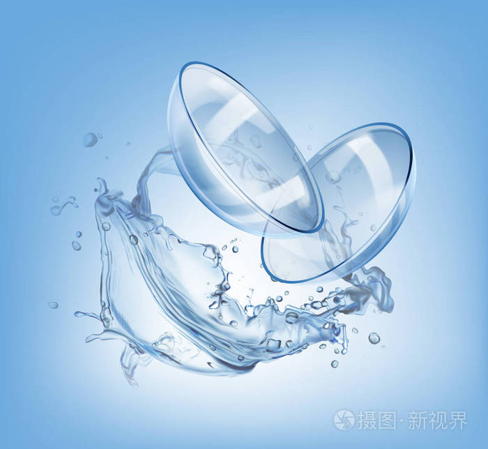 在溅水中为眼睛的现实隐形眼镜的向量例证.背景广告模板