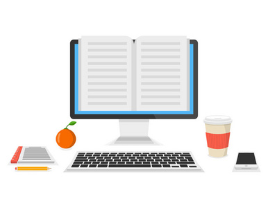 在线培训概念与书在电脑屏幕，水果，记事本，智能手机，咖啡和铅笔。