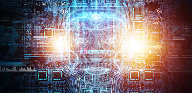 机器人女性半机人脸代表人工智能概念3D渲染