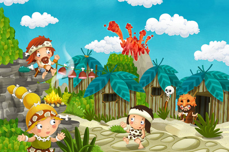 卡通洞门村场景与火山背景插图儿童
