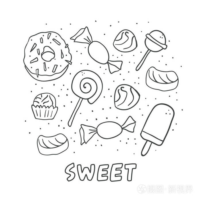 设置手绘轮廓糖果,甜甜圈,糖果,口香糖,熊棉花糖甜点.