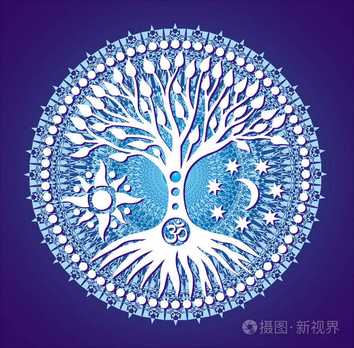 曼达拉生命之树. 蓝色巫术背景上的符号树.