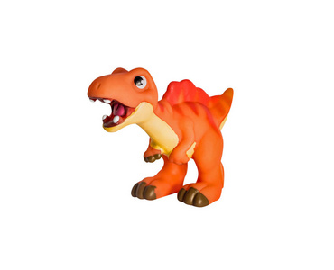 塑料橙色恐龙玩具棘龙。 孤立在白色背景上。